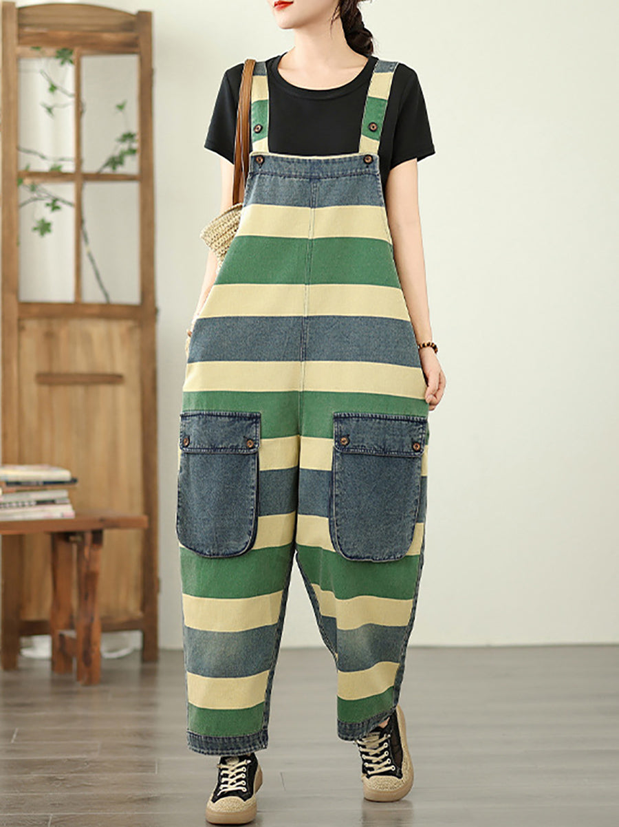 Summer Colorblock Women Loose Denim Stripe Jumpsuits
