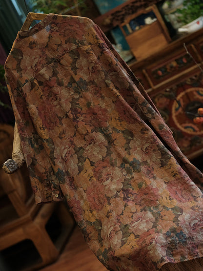 Floral Women Shirt Retro Long Vintage Ramie Button-up