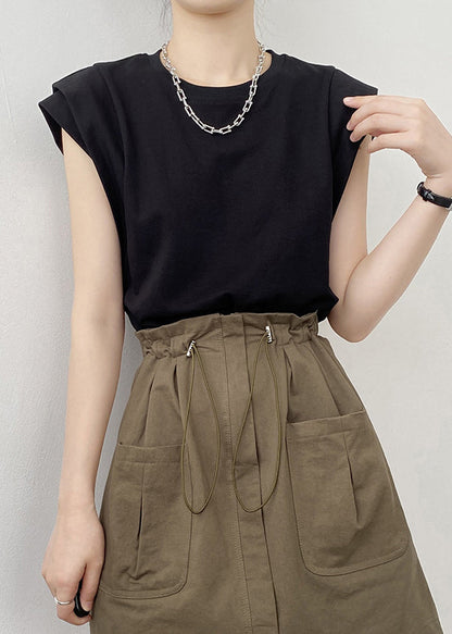 Neck Cotton Shirts Black O Summer Solid T