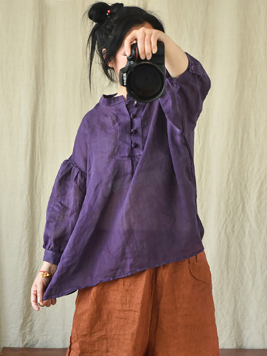 Women Vintage Solid 100%Ramie Summer Loose Shirt AS1047