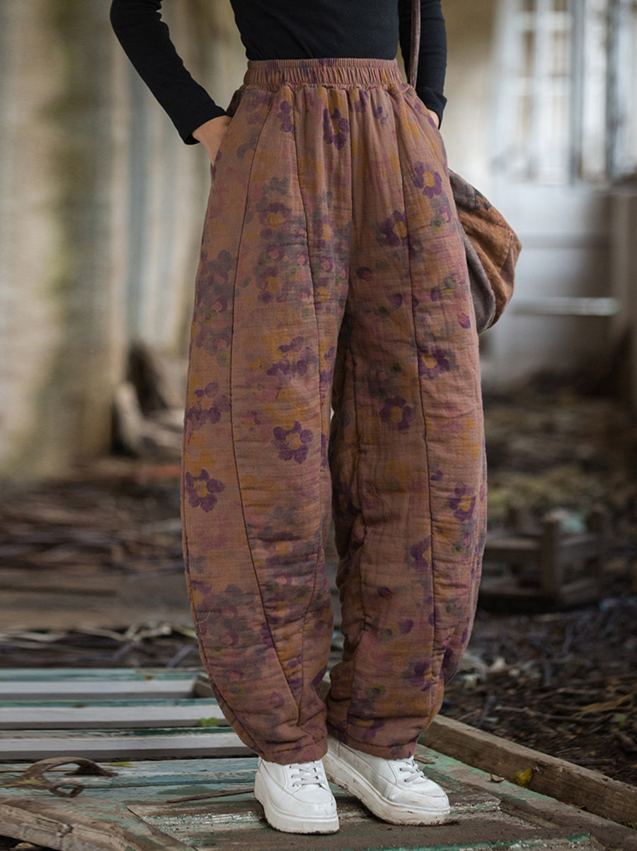 Women Winter Retro Flower Cotton Paaded Harem Pants WU003