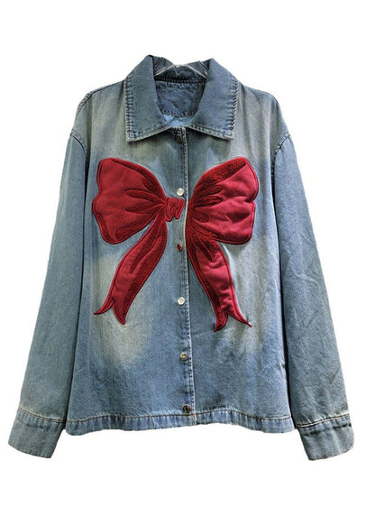 Denim Peter Pan Spring Coat New Button Collar Bow Blue