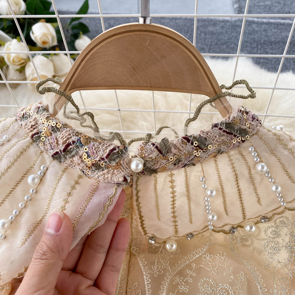 Elegant Khaki Stand Collar Embroidery Lace Long Sleeve Patchwork Sequins Tweed Dress AR1012