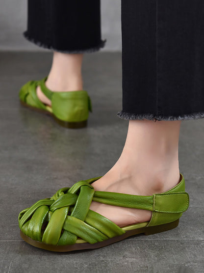 Summer Leather Flat Retro Women Weave Genuine Shoes