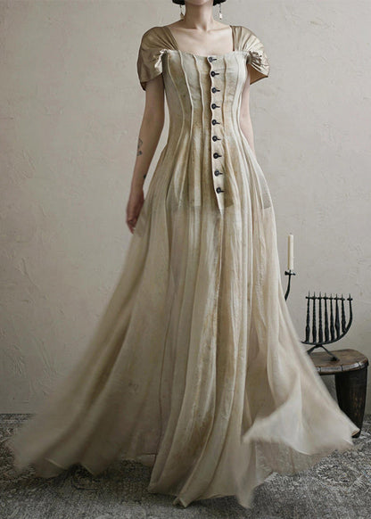 Square Button Collar Summer Vintage Long Dress