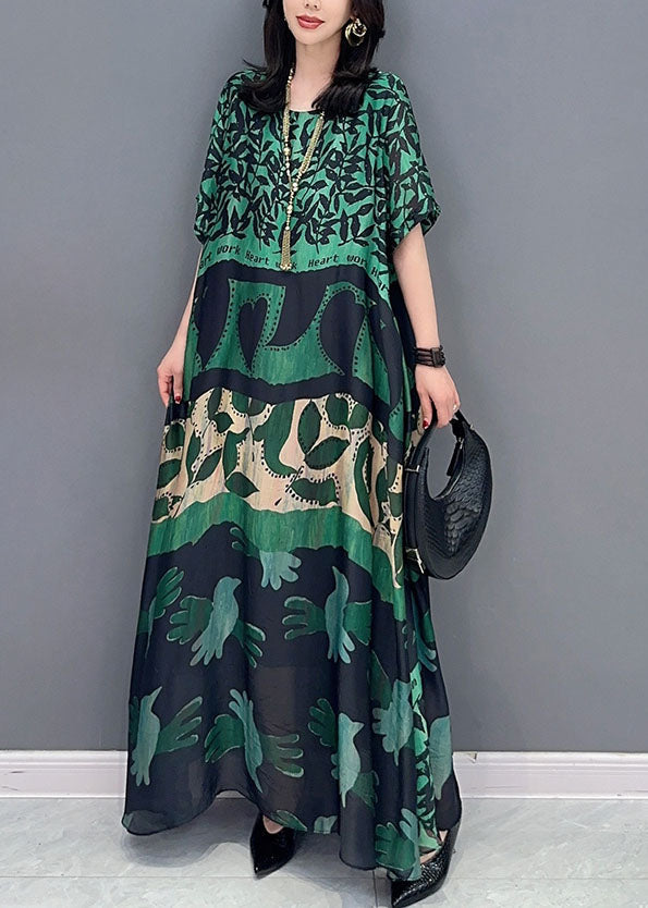 Bohemian black cashew nuts O Neck Pockets Print Patchwork Silk Long Dresses Summer TT1010