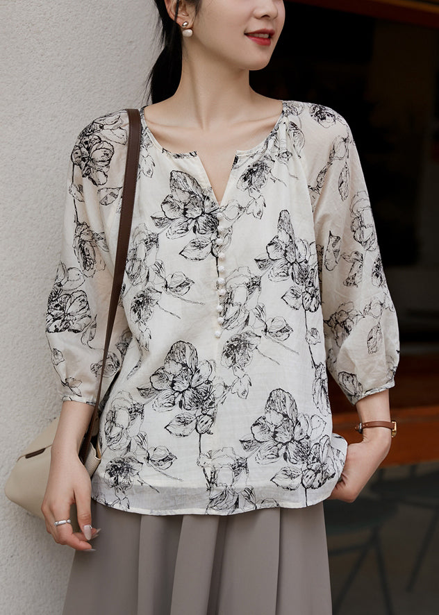 White Boho Oversized Shirts Sleeve Bracelet Cotton Print