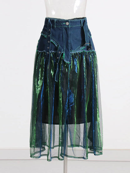 Denim Shiny Waisted Skirt A-Line Green Belted Chic High Tulle