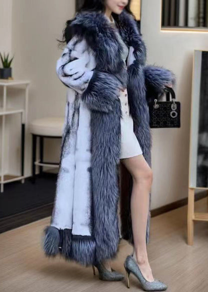 Natural White Fox Collar Tie Waist Leather And Fur Maxi Coats Winter RY013