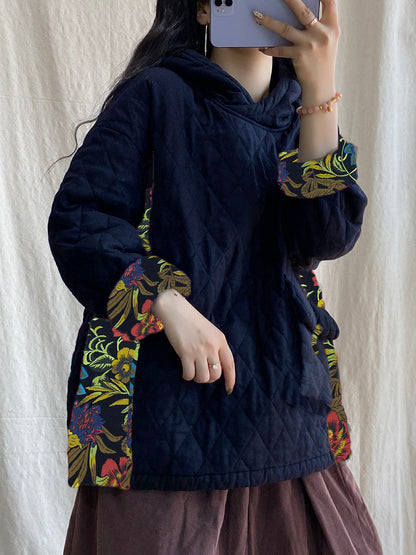 Plus Size Women Winter Patch Spliced Pocket Thicken Hooded ZZ1048