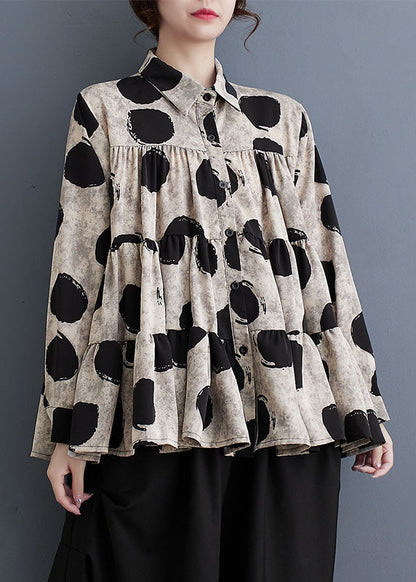 Plus Size Black Peter Pan Collar Dot Wrinkled Cotton Shirts Fall RY023