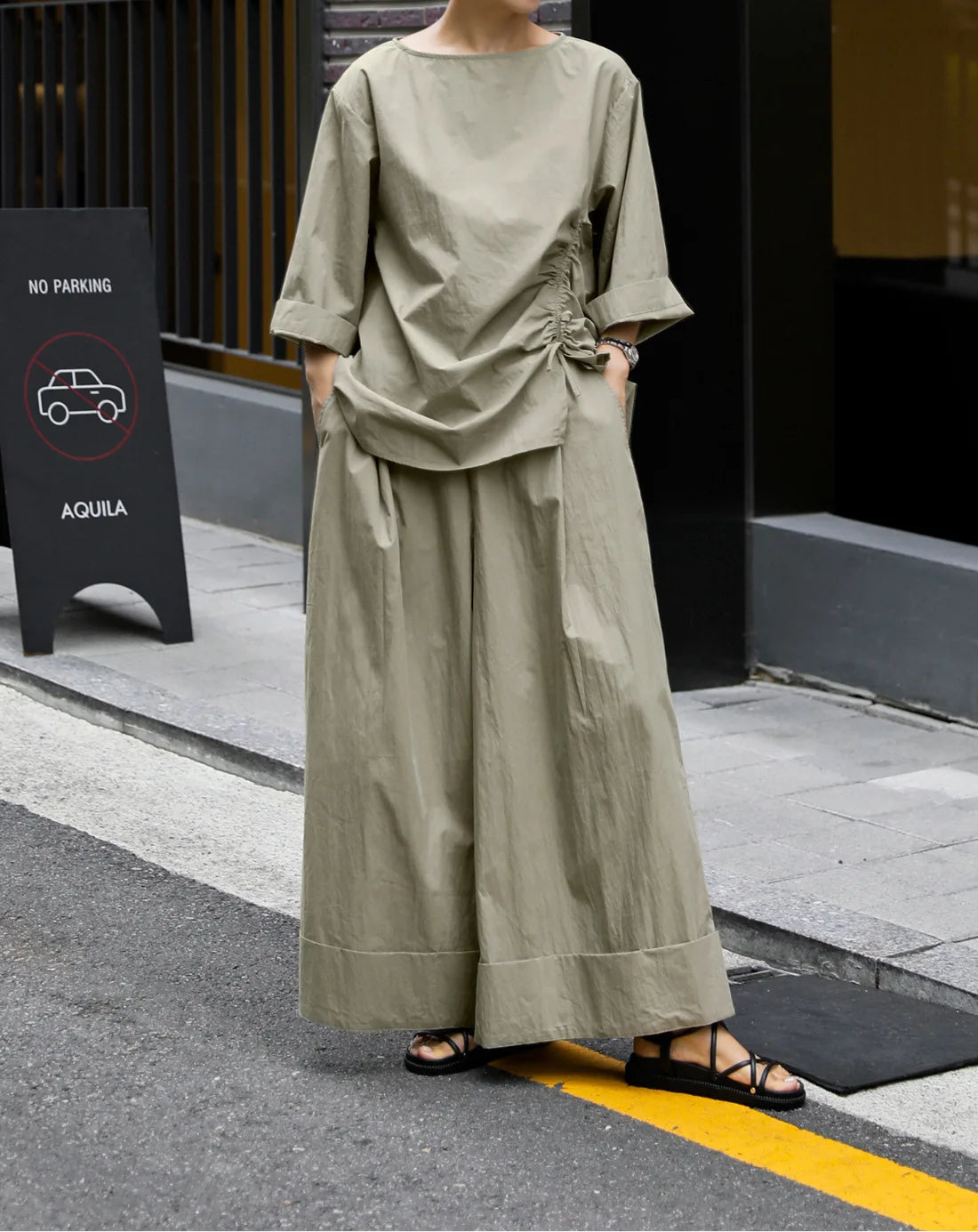 Casual Cotton Top Drawstring Sleeve Khaki Half Asymmetrical