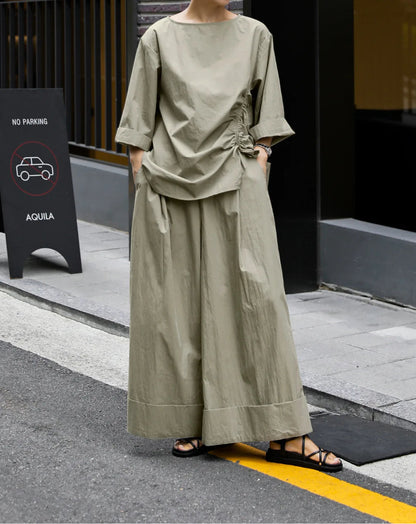 Casual Cotton Top Drawstring Sleeve Khaki Half Asymmetrical