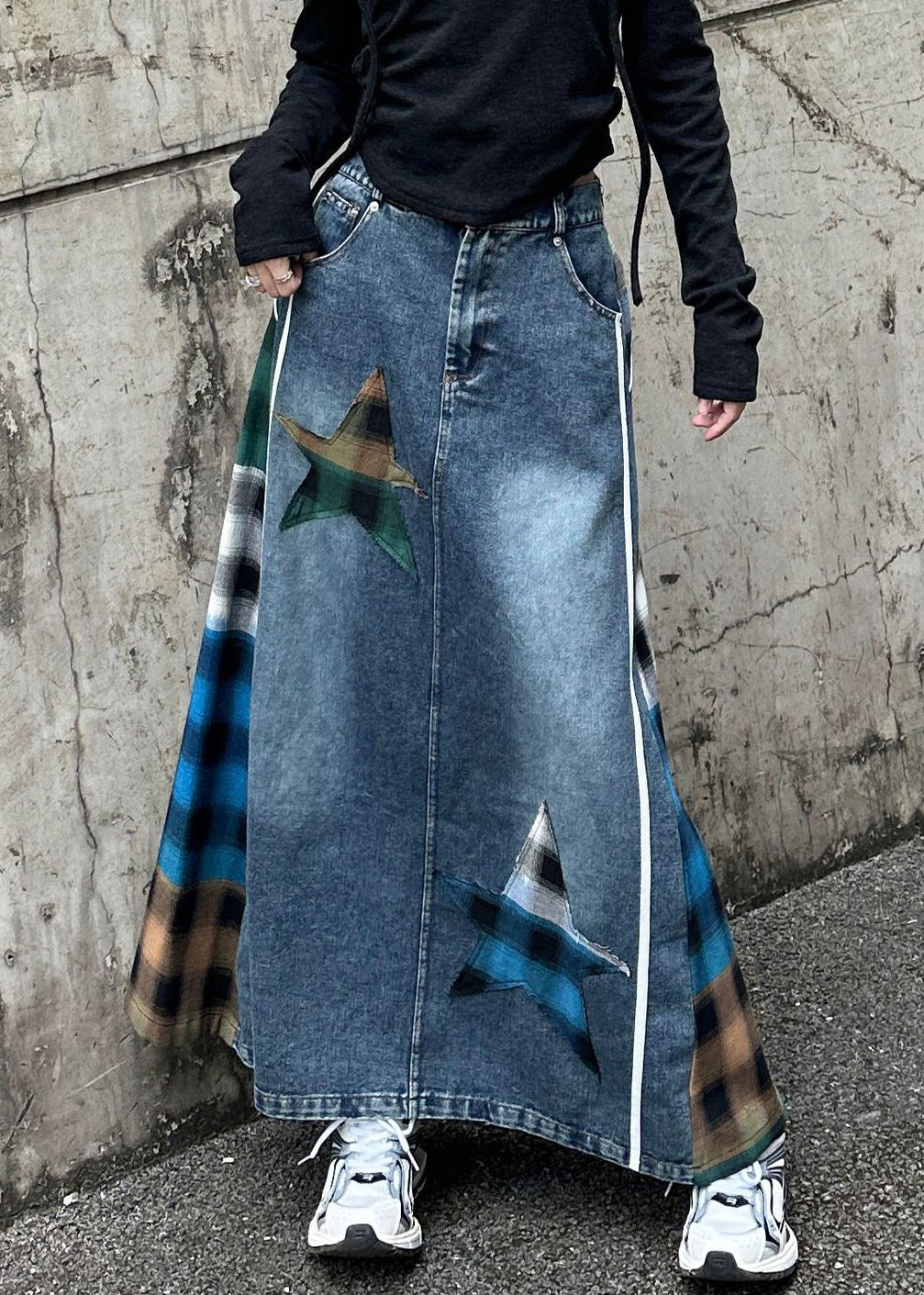 High Loose Waist Plaid Patchwork Spring Blue Skirt Denim