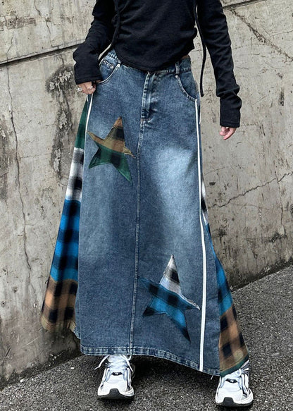 High Loose Waist Plaid Patchwork Spring Blue Skirt Denim