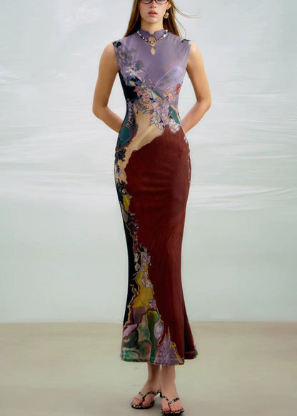 Sides Wear On Long Dress Both Purple Sleeveless Print