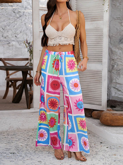 Waist High Colorful Pockets Pants Drawstring Vacation Straight
