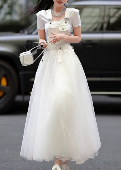 Patchwork Tulle Summer Strap Dress White Distinctive Denim