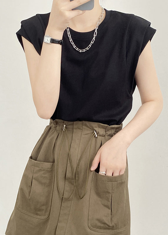 Neck Cotton Shirts Black O Summer Solid T