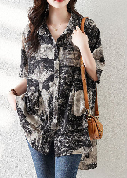 Loose Black Button Print Low High Design Cotton Shirt Summer NN045