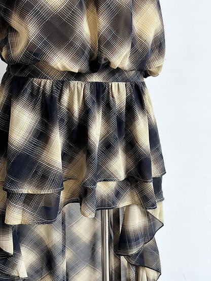 Asymmetric Khaki Plaid Neck Sleeveless Top High-Low Uniaue Halter