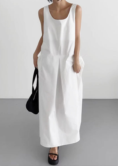 Women Neck Cotton Dresses White Robe Sleeveless U