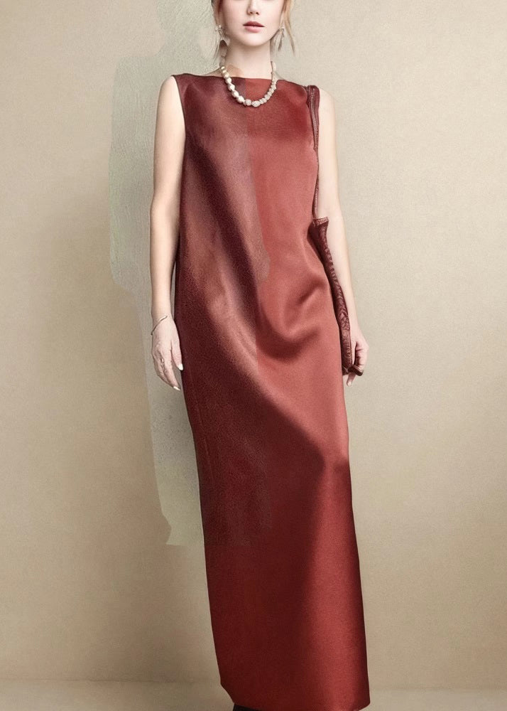 Open Side Sleeveless Long Back Elegant Red Dress Pockets Silk