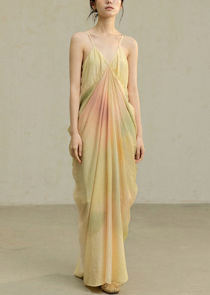 Novelty Wrinkled Dye Spaghetti Cotton Dress Tie Yellow Strap