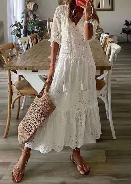 Cotton Ruffled Elegant Summer Party Out Dress Hollow White