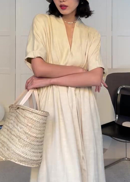 Modern Neck Cotton Beige Pockets V Drawstring Summer Dress