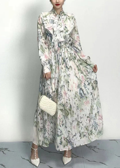 Classy Grey Bow Print Wrinkled Cotton Long Dresses Long Sleeve AO1011
