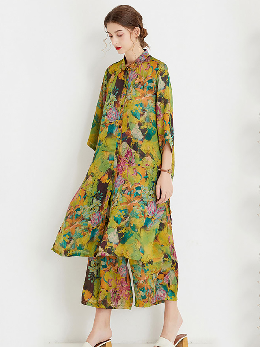 Plus Size Women Artsy Ornate Floral Button Loose Long Suits LL026