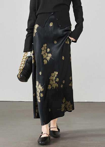 Print New Waist High Summer Skirt Silk Black