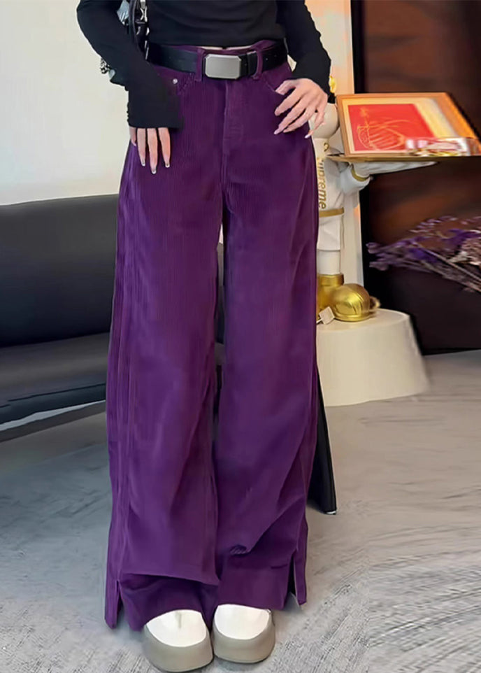 Corduroy High Simple Waist Side Purple Straight Spring Pants Open