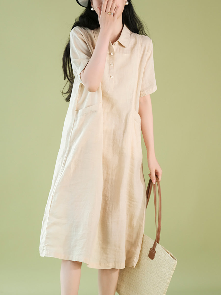 Women Summer Casual Solid Polo Collar 100%Ramie Dress CX056