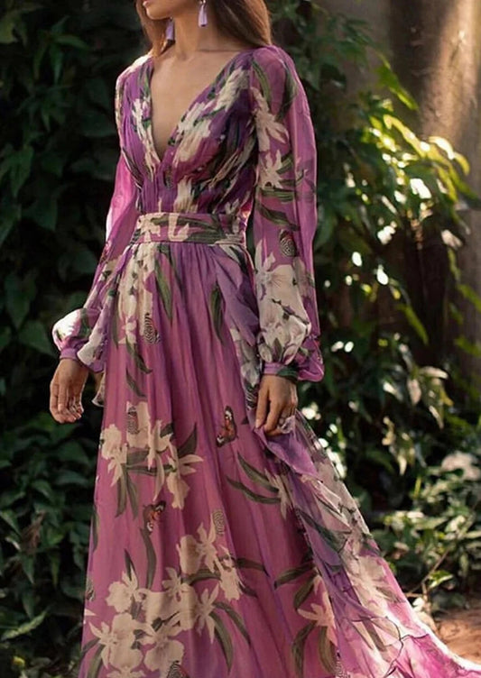 Floral Maxi V Pattern Neck Elegant Dress Butterfly