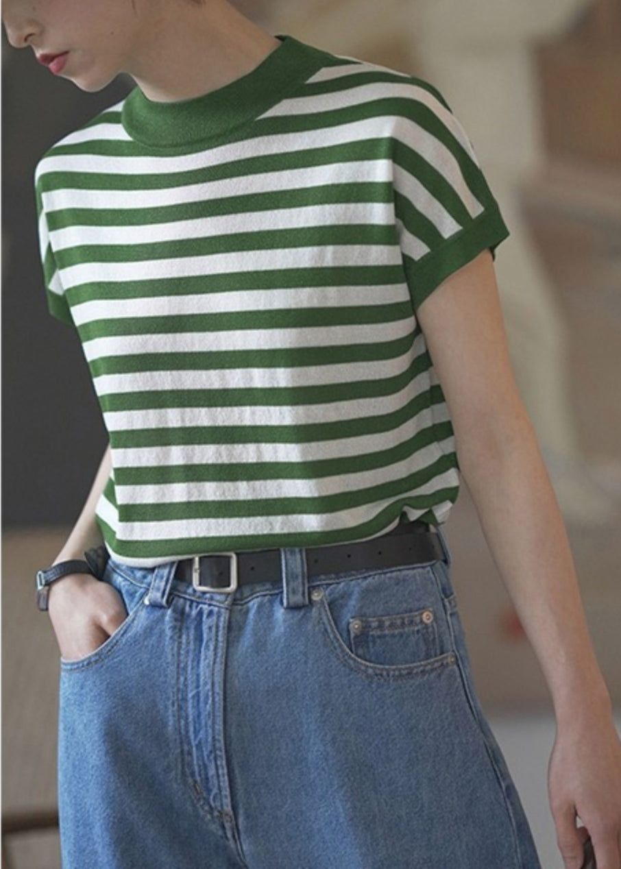 Collar Stand Tanks Striped Summer Women Cotton Red