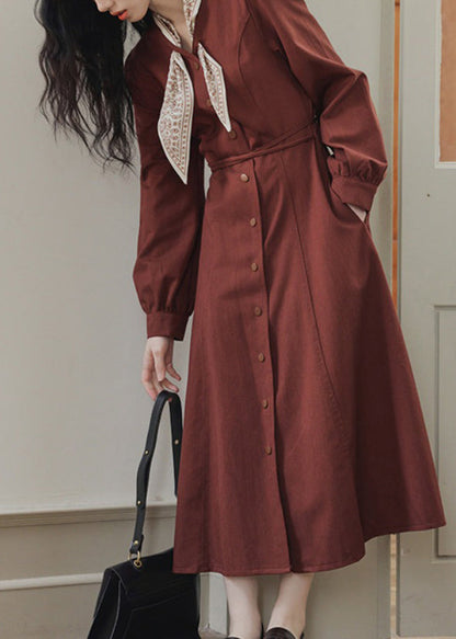 Fit Slim Pockets Dress Bow Red Spring Maxi Button