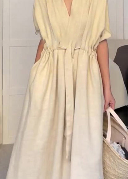 Modern Neck Cotton Beige Pockets V Drawstring Summer Dress