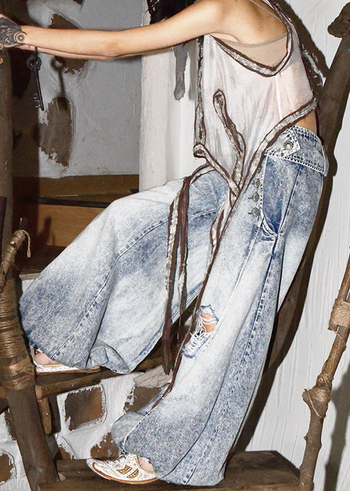 Pants Spring Wide Blue Leg Denim Style Light Waist High Ripped
