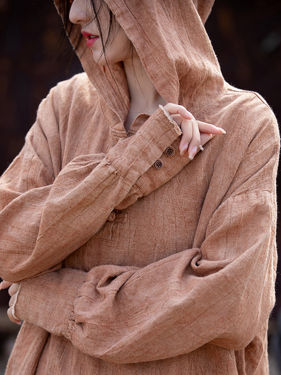 Women Summer Retro Tie-dye Linen Hooded Shirt FG1045