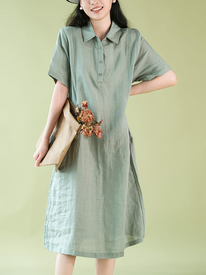 Women Summer Casual Solid Polo Collar 100%Ramie Dress CX056