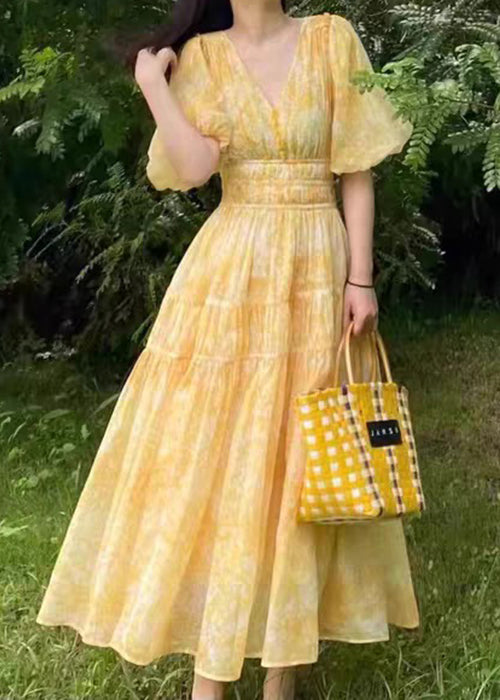 V Long Summer Print Bohemian Yellow Neck Chiffon Dress