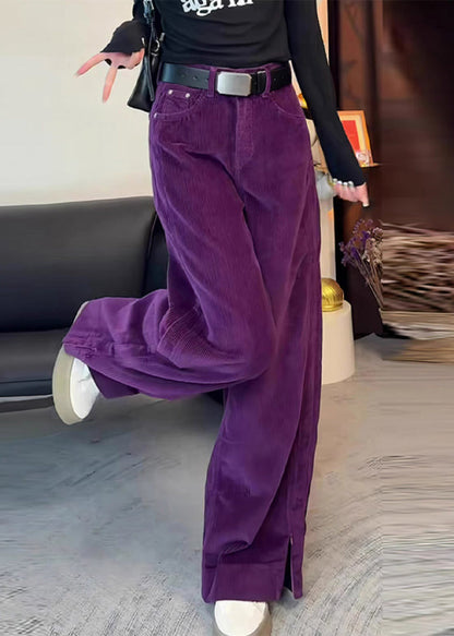 Corduroy High Simple Waist Side Purple Straight Spring Pants Open