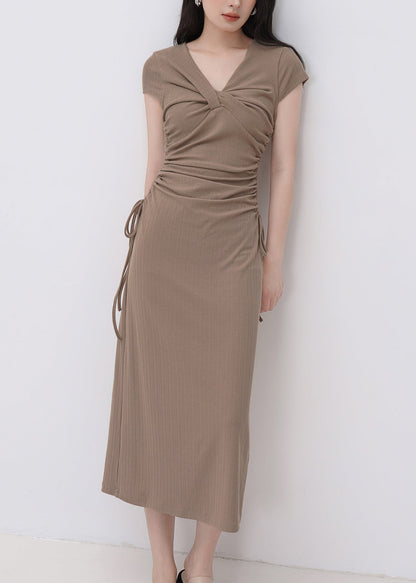 Classy Black V Neck Cinched Maxi Dresses Short Sleeve EE033