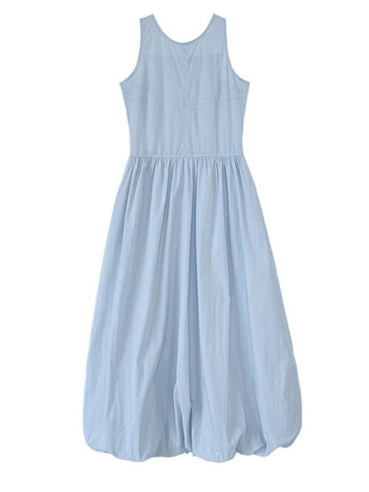 Patchwork O-neck Dress Simple Sleeveless Blue Puff Hem