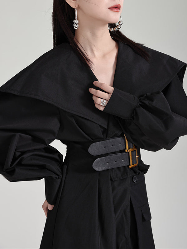 Pleated Black Asymmetric Lapel Waisted Long High Modern Belted