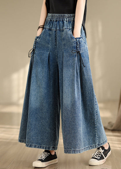 Summer Pants Strap Wide Wrinkled Denim Blue Cross Leg