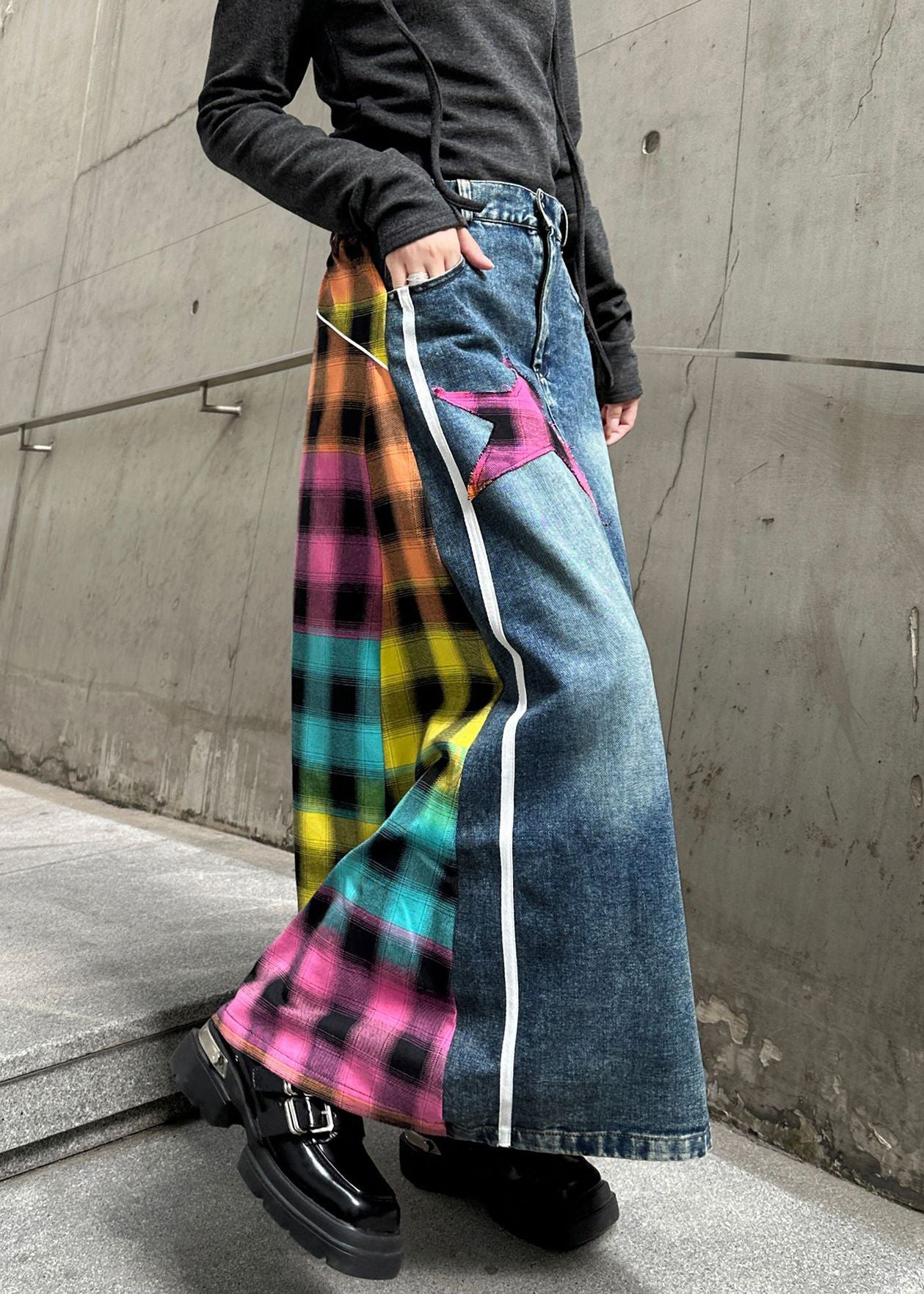 Patchwork Denim Rose Modern Waist Skirts Asymmetrical Elastic