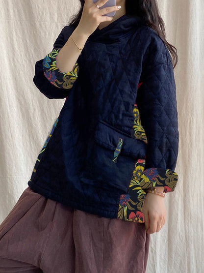 Plus Size Women Winter Patch Spliced Pocket Thicken Hooded ZZ1048